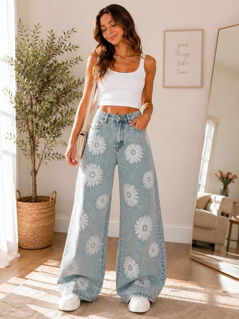 Forever 21 Y2K Daisy Print Wide Leg Jeans | Boho Floral Denim | Women's